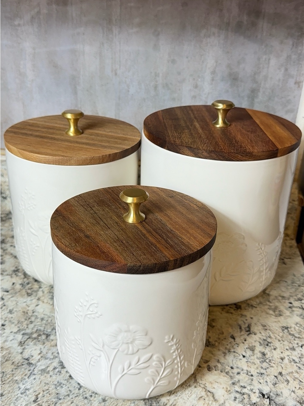 Princess House White Ceramic Canister Set with Wood Lids and Gold Knobs